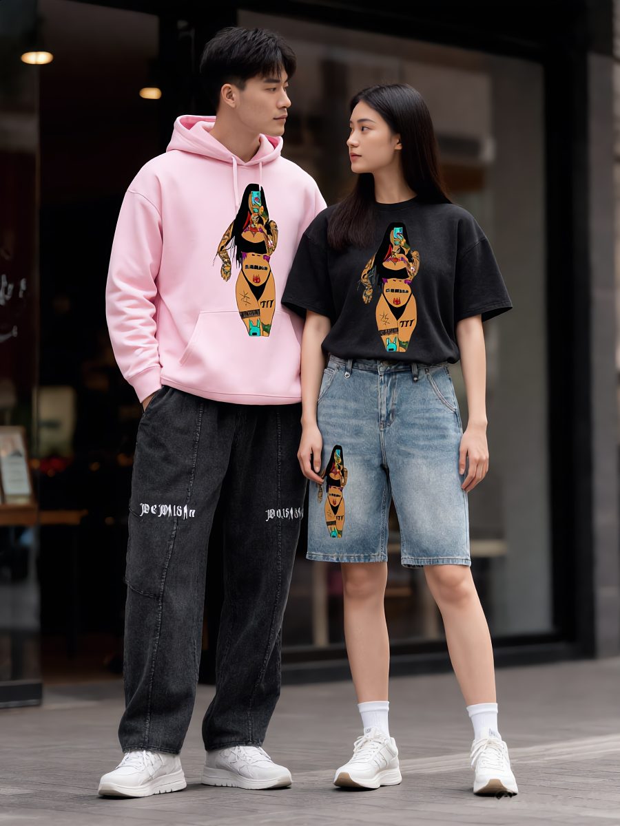 Two models on a city street in a pink graphic hoodie and a black graphic tee