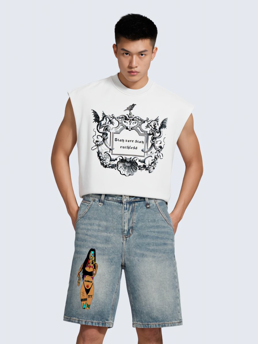 Model in the 'Stay rare stay ruthless' sleeveless tee with denim shorts