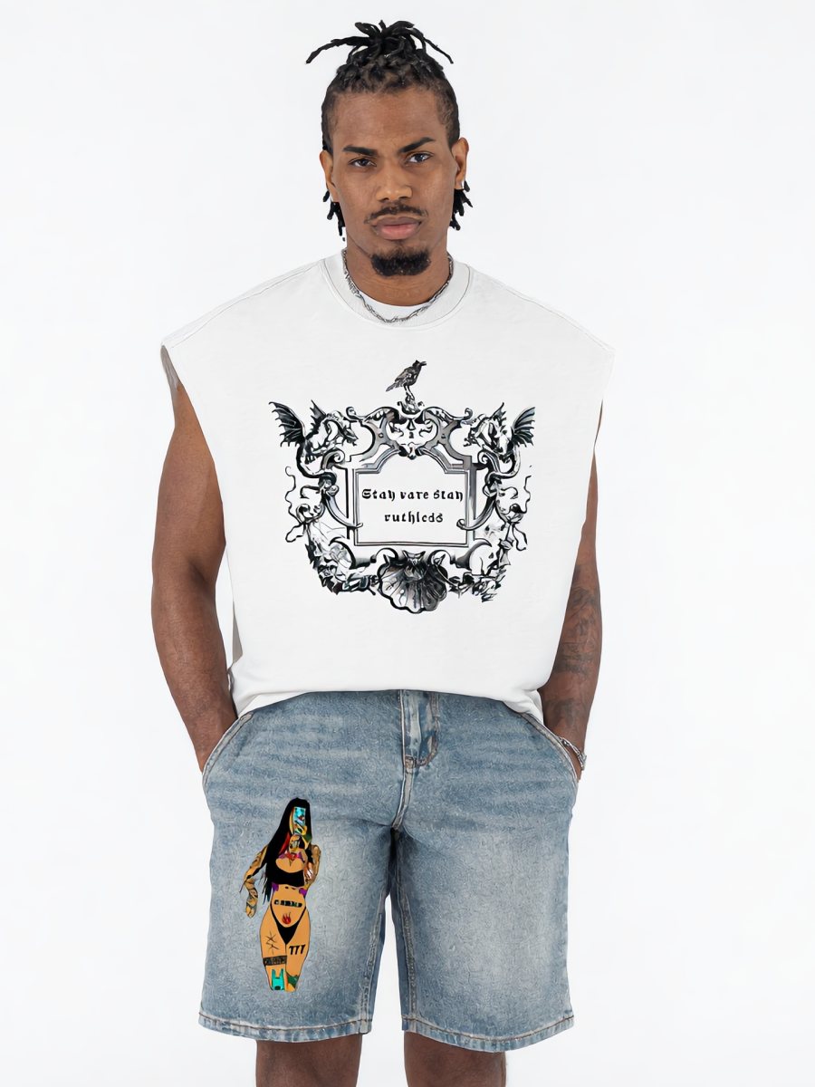 Model with locs in the white crest tank and graphic denim shorts