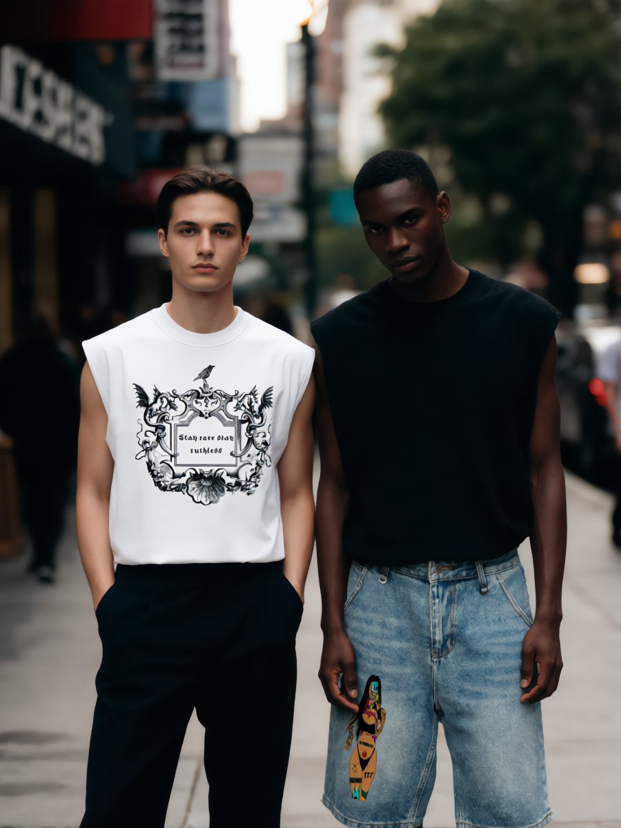 Two models on a city street in the white crest tank and a black tank with graphic denim shorts