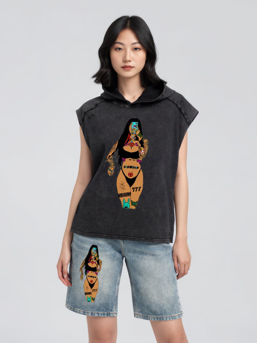 Model in a washed black sleeveless hoodie and denim shorts, both with the tattooed-woman graphic