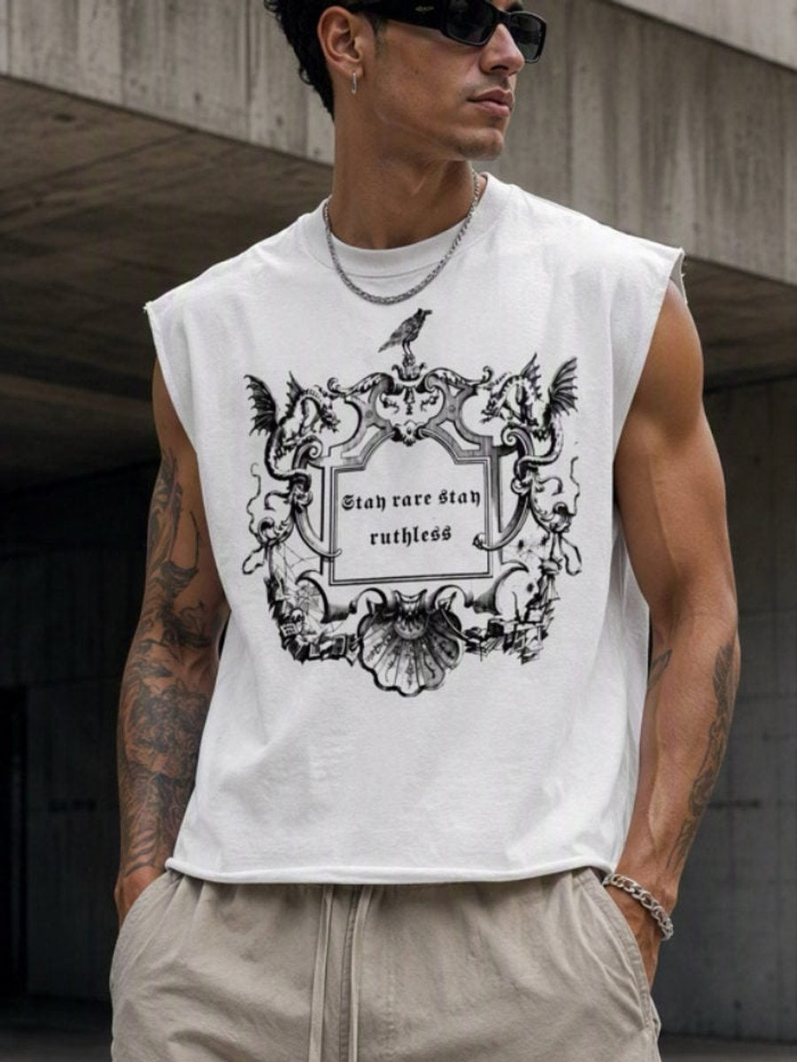 Model in the white 'Stay rare stay ruthless' tank and wide drawstring pants