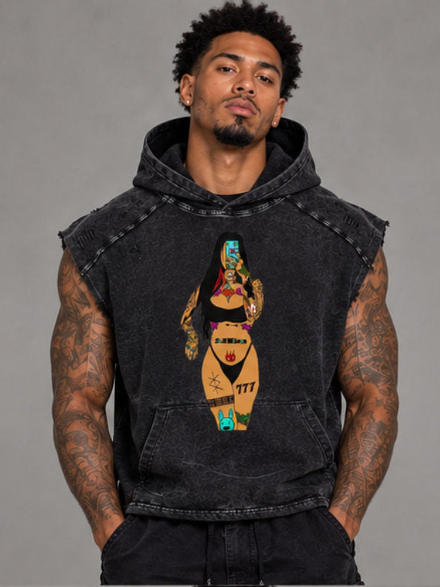 Model in the washed black hooded tank with the tattooed-woman graphic